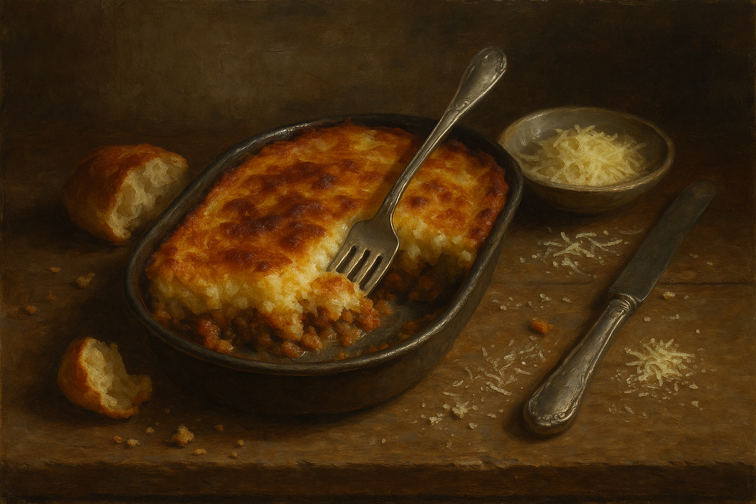 Pastel de papas casero con pan y queso rallado